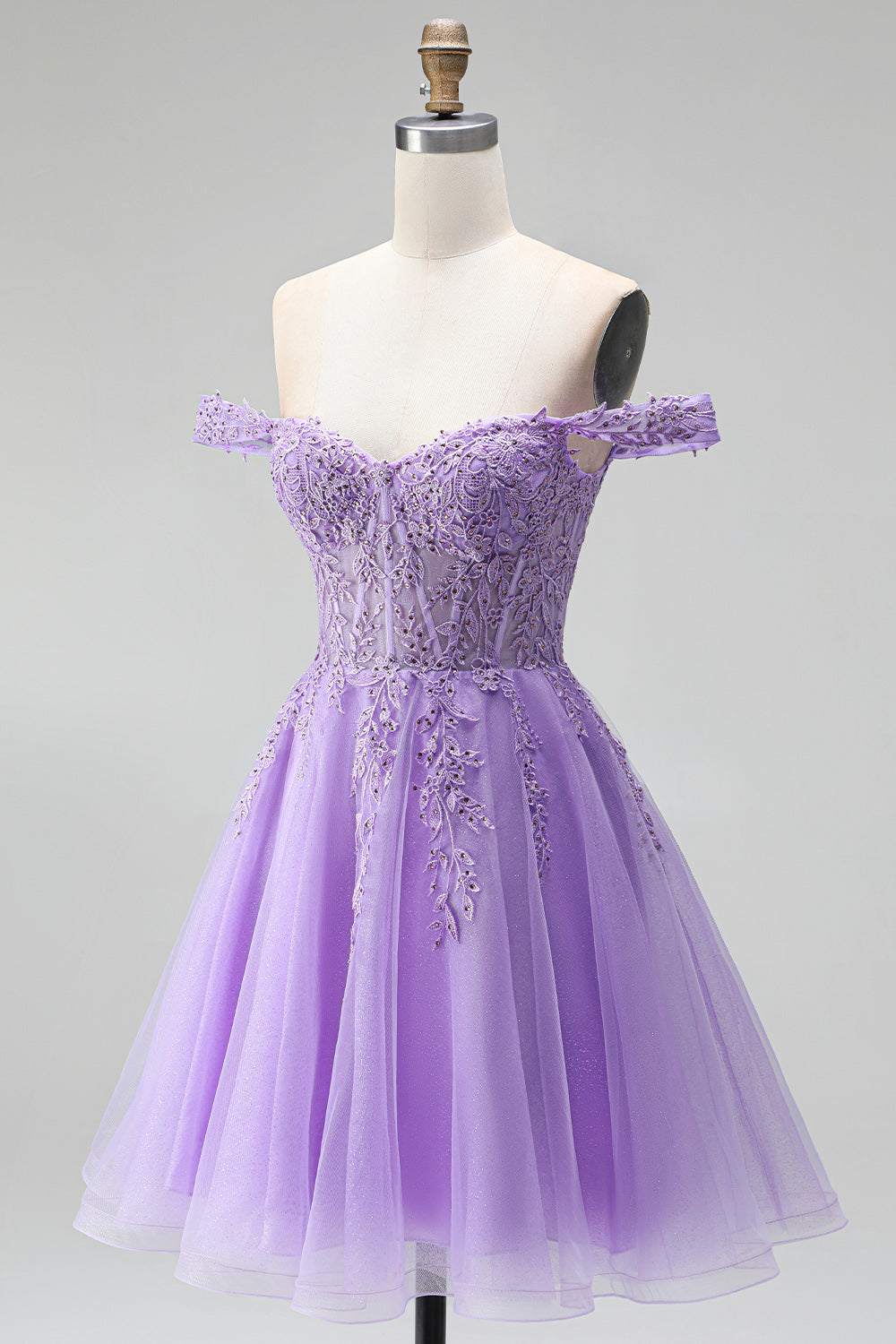 Sparkly Light Plum Corset Beaded Floral A Line Tulle Short Cocktail Dress