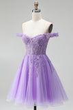 Sparkly Light Plum Corset Beaded Floral A Line Tulle Short Cocktail Dress