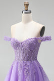 Sparkly Light Plum Corset Beaded Floral A Line Tulle Short Cocktail Dress