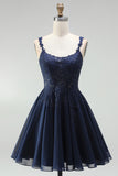 Navy Embroidered Beaded A Line Scoop Neck Short Homecoming Dress