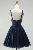 Navy Embroidered Beaded A Line Scoop Neck Short Homecoming Dress