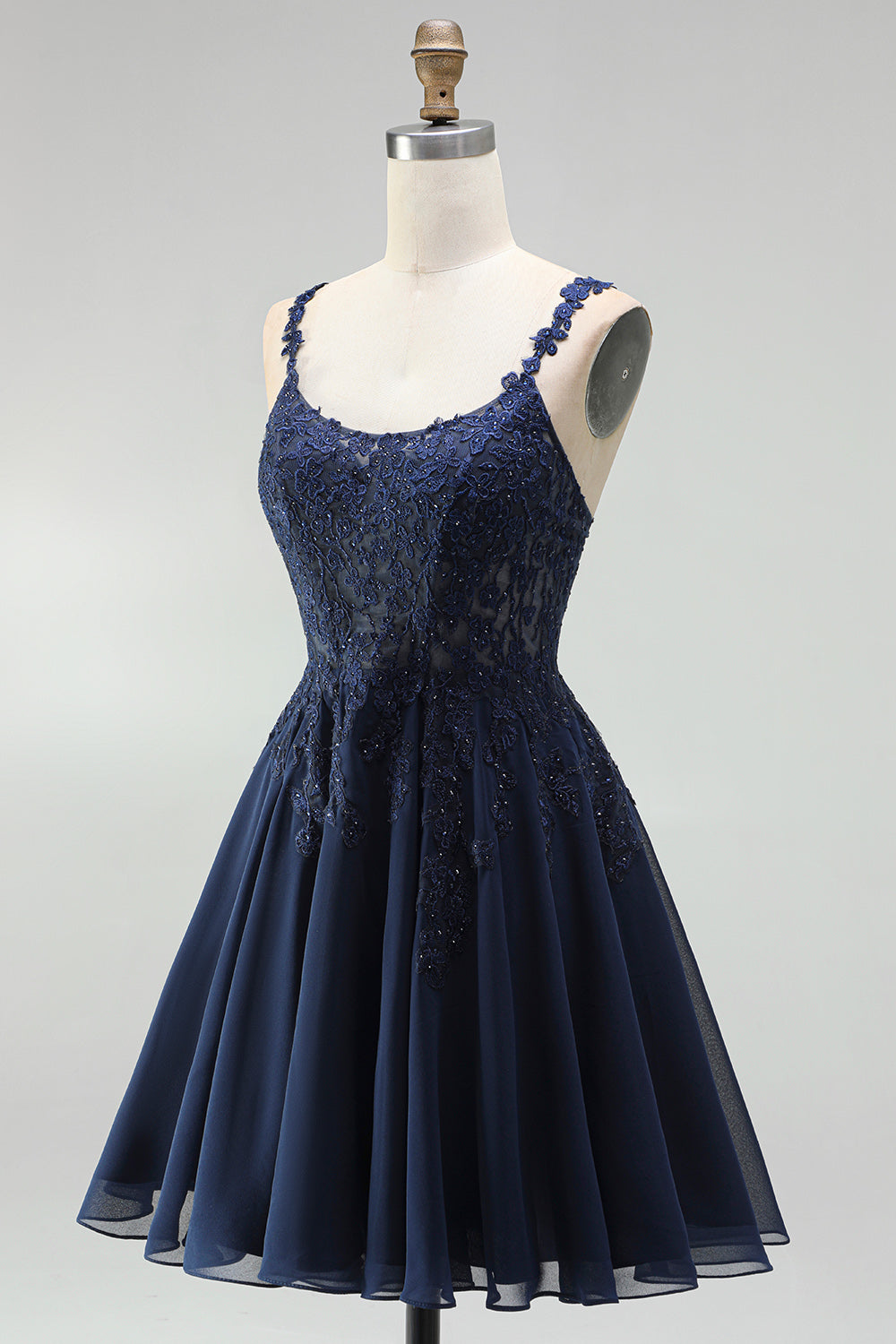 Navy Embroidered Beaded A Line Scoop Neck Short Homecoming Dress