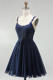 Navy Embroidered Beaded A Line Scoop Neck Short Homecoming Dress