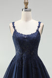 Navy Embroidered Beaded A Line Scoop Neck Short Homecoming Dress