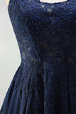 Navy Embroidered Beaded A Line Scoop Neck Short Homecoming Dress