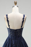 Navy Embroidered Beaded A Line Scoop Neck Short Homecoming Dress