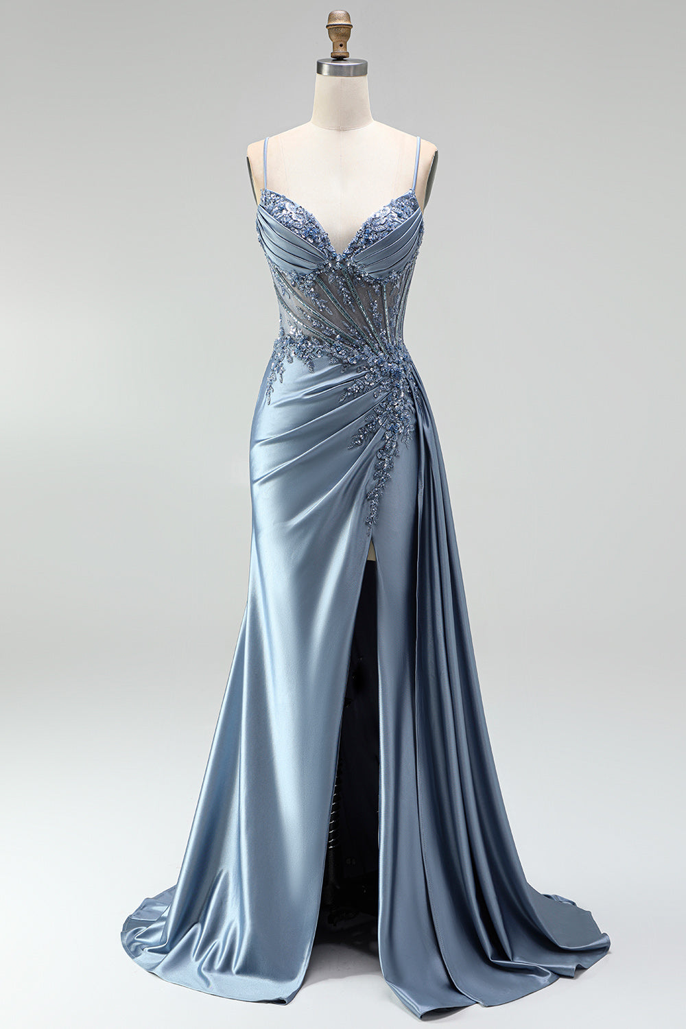 Sparkly Grey Blue Corset Satin Beaded Ruched Mermaid Long Prom Dress with Side Cape