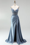 Sparkly Grey Blue Corset Satin Beaded Ruched Mermaid Long Prom Dress with Side Cape