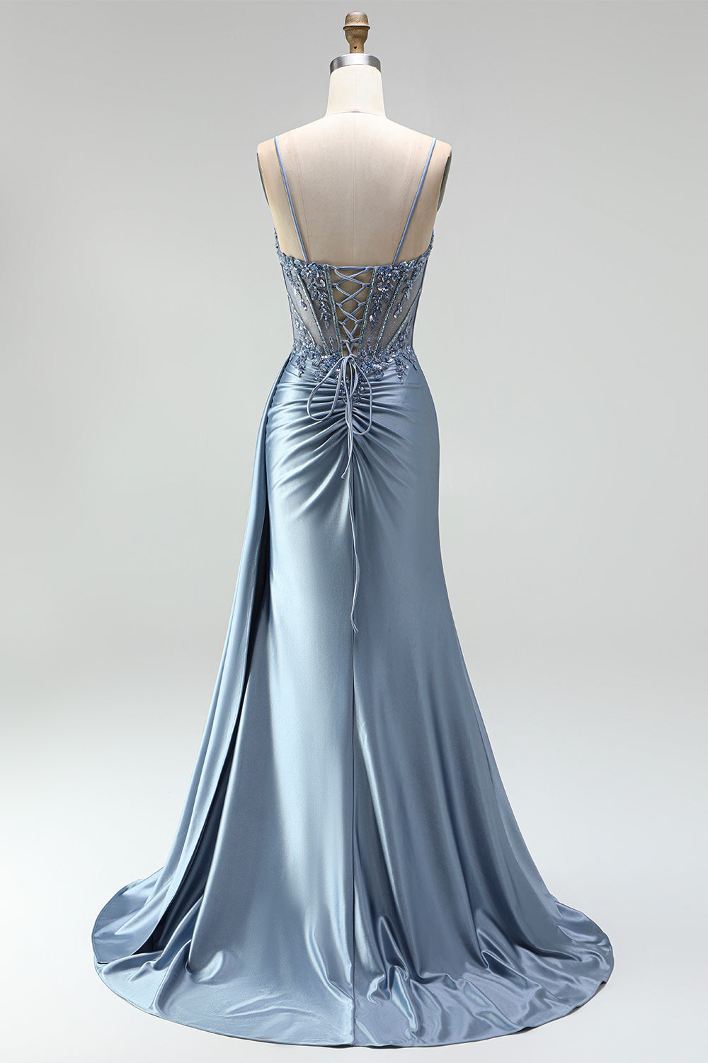 Sparkly Grey Blue Corset Satin Beaded Ruched Mermaid Long Prom Dress with Side Cape