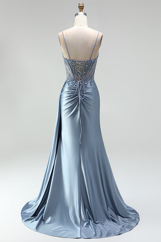Sparkly Grey Blue Corset Satin Beaded Ruched Mermaid Long Prom Dress with Side Cape