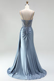 Sparkly Grey Blue Corset Satin Beaded Ruched Mermaid Long Prom Dress with Side Cape