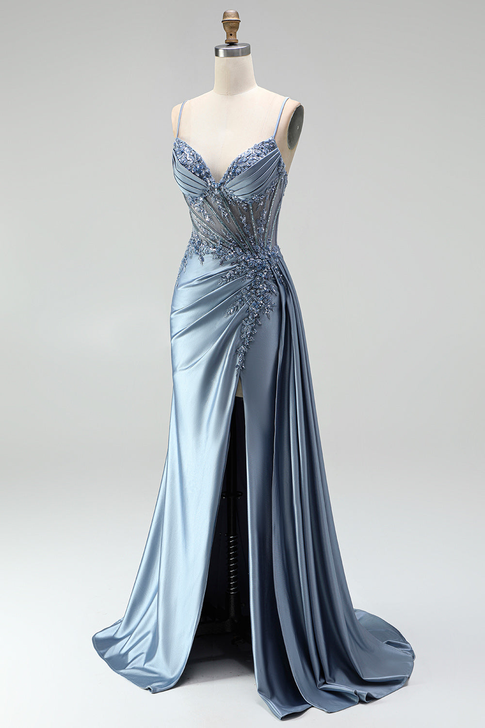 Sparkly Grey Blue Corset Satin Beaded Ruched Mermaid Long Prom Dress with Side Cape