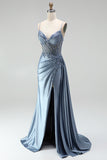 Sparkly Grey Blue Corset Satin Beaded Ruched Mermaid Long Prom Dress with Side Cape