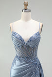 Sparkly Grey Blue Corset Satin Beaded Ruched Mermaid Long Prom Dress with Side Cape
