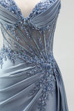 Sparkly Grey Blue Corset Satin Beaded Ruched Mermaid Long Prom Dress with Side Cape