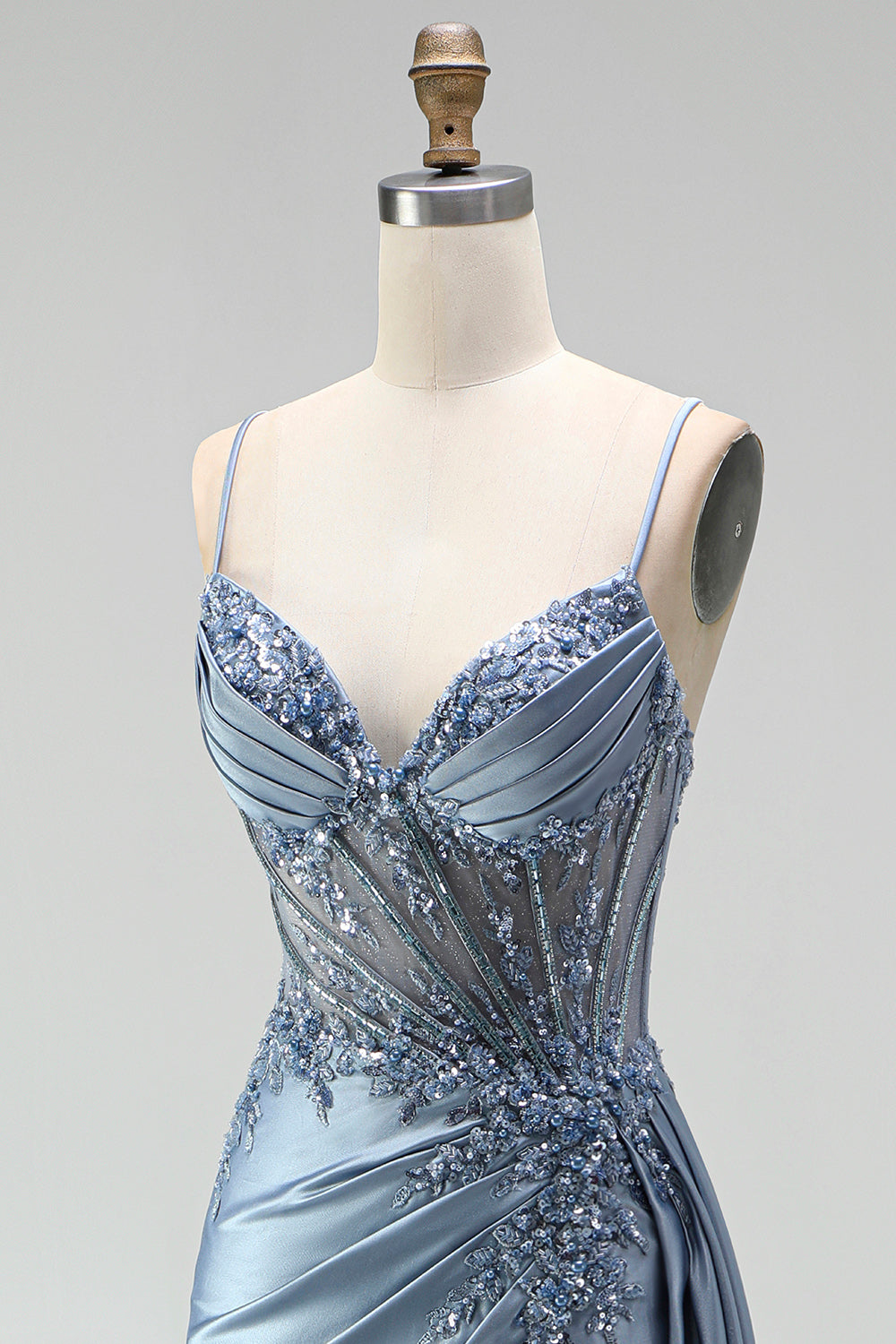 Sparkly Grey Blue Corset Satin Beaded Ruched Mermaid Long Prom Dress with Side Cape