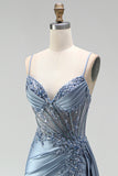 Sparkly Grey Blue Corset Satin Beaded Ruched Mermaid Long Prom Dress with Side Cape
