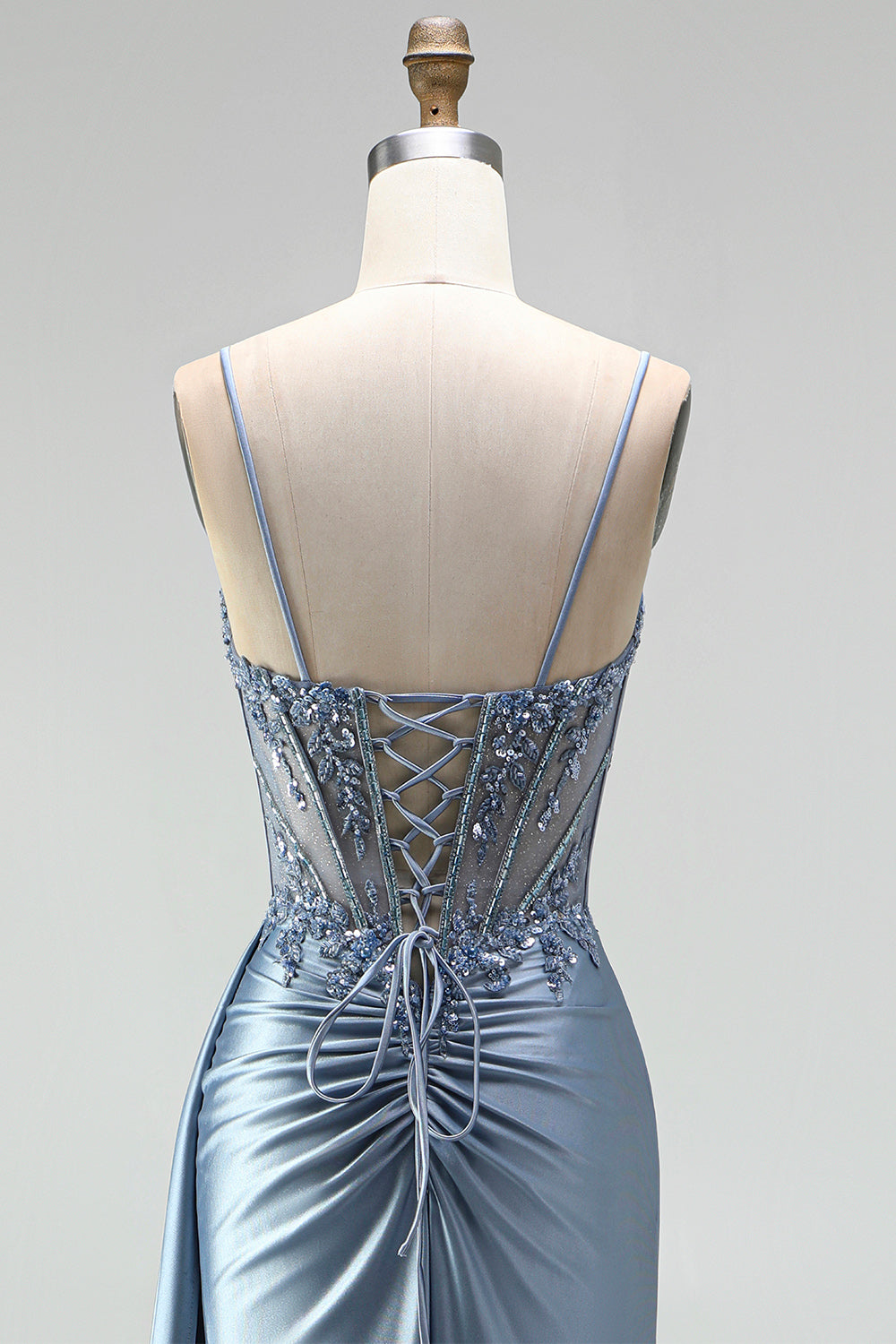 Sparkly Grey Blue Corset Satin Beaded Ruched Mermaid Long Prom Dress with Side Cape