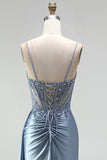 Sparkly Grey Blue Corset Satin Beaded Ruched Mermaid Long Prom Dress with Side Cape