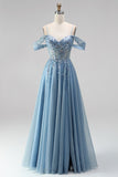 Glitter Dusty Blue Appliqued Sequin Beaded A Line Corset Long Prom Dress