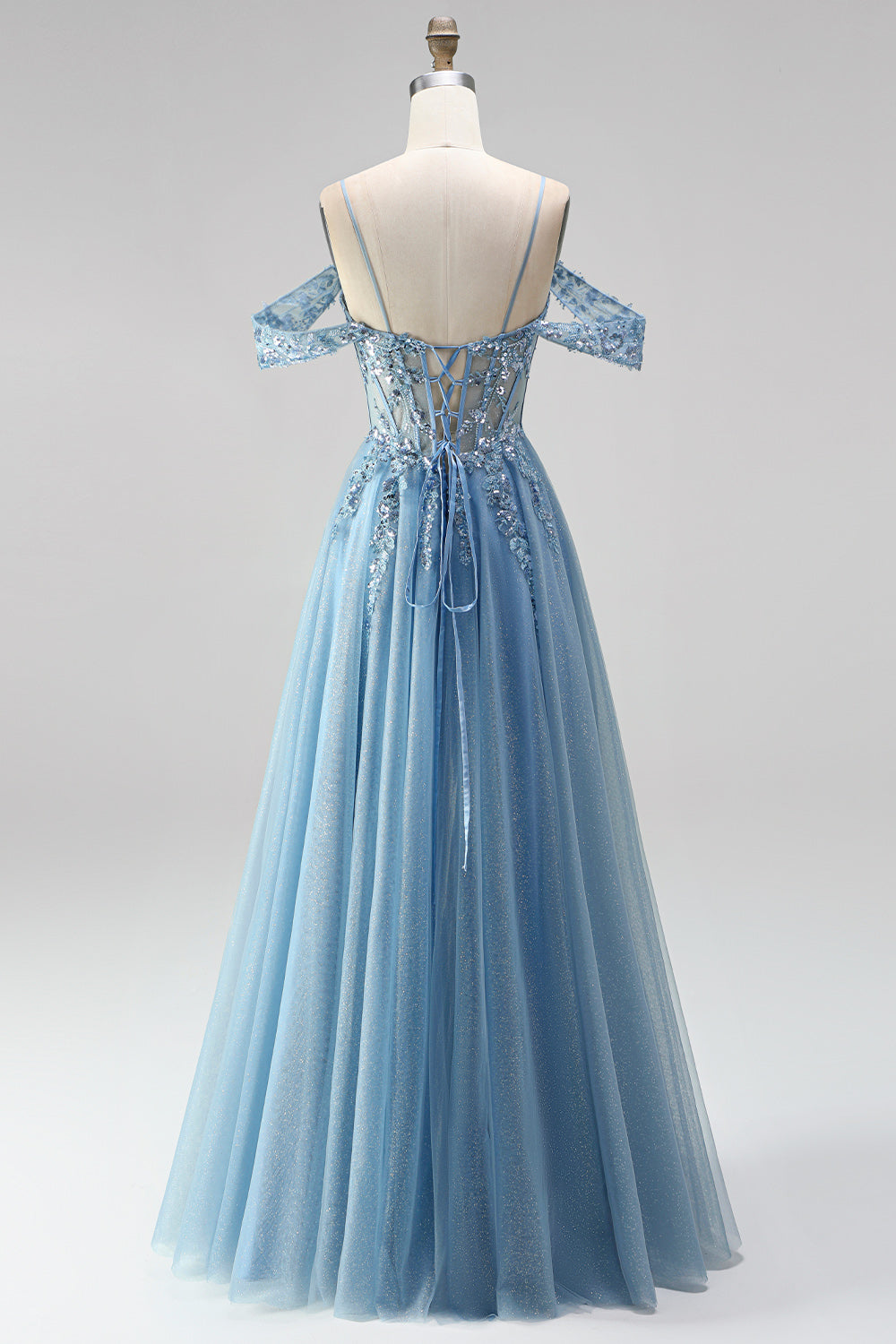Glitter Dusty Blue Appliqued Sequin Beaded A Line Corset Long Prom Dress
