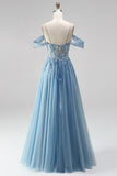 Glitter Dusty Blue Appliqued Sequin Beaded A Line Corset Long Prom Dress