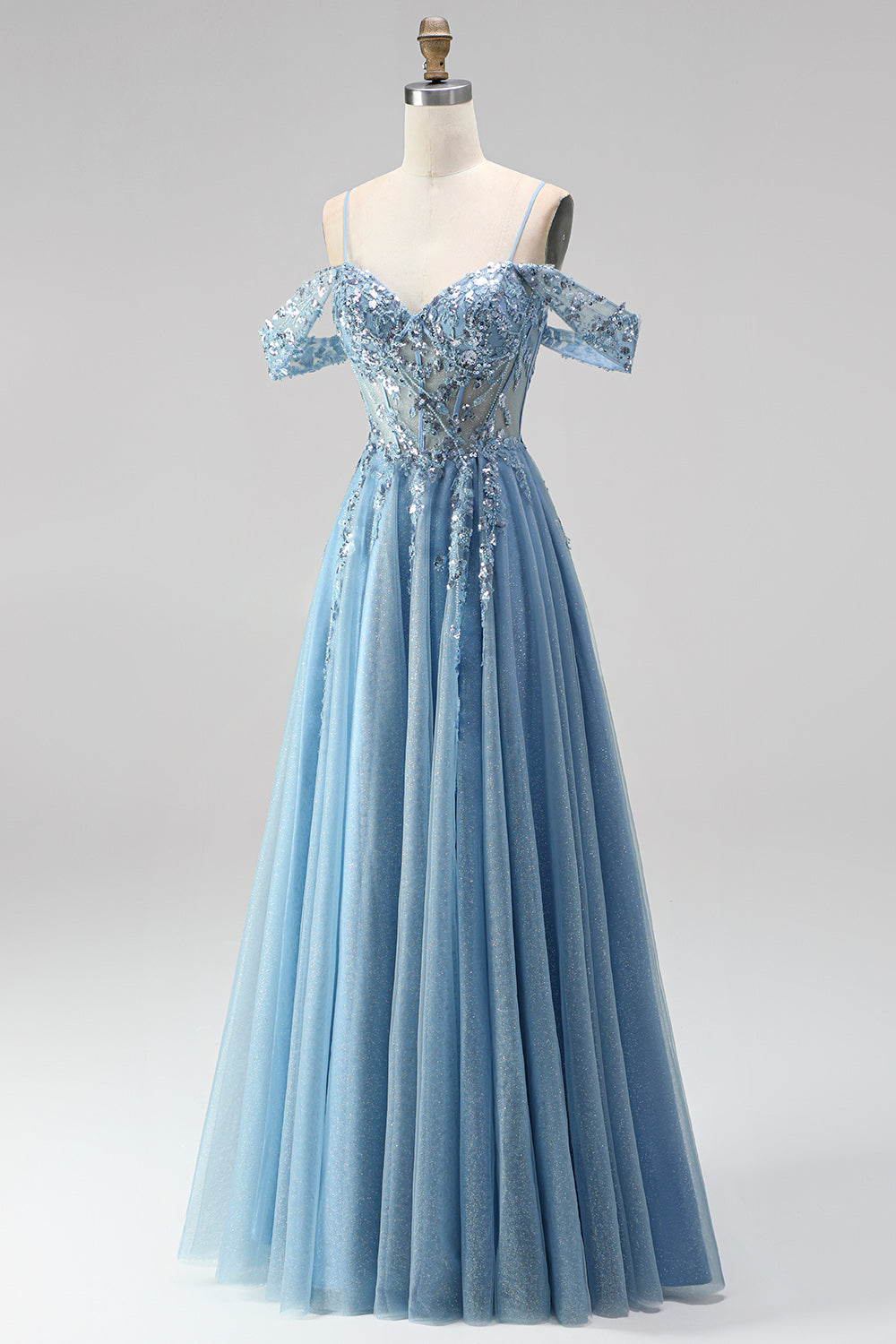 Glitter Dusty Blue Appliqued Sequin Beaded A Line Corset Long Prom Dress