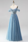 Glitter Dusty Blue Appliqued Sequin Beaded A Line Corset Long Prom Dress