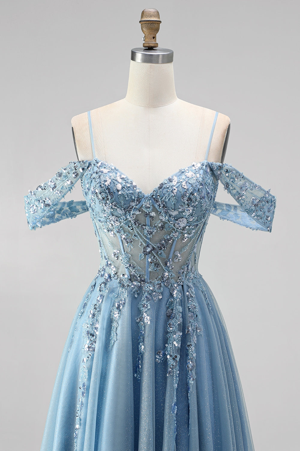 Glitter Dusty Blue Appliqued Sequin Beaded A Line Corset Long Prom Dress