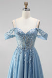 Glitter Dusty Blue Appliqued Sequin Beaded A Line Corset Long Prom Dress