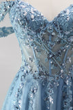 Glitter Dusty Blue Appliqued Sequin Beaded A Line Corset Long Prom Dress
