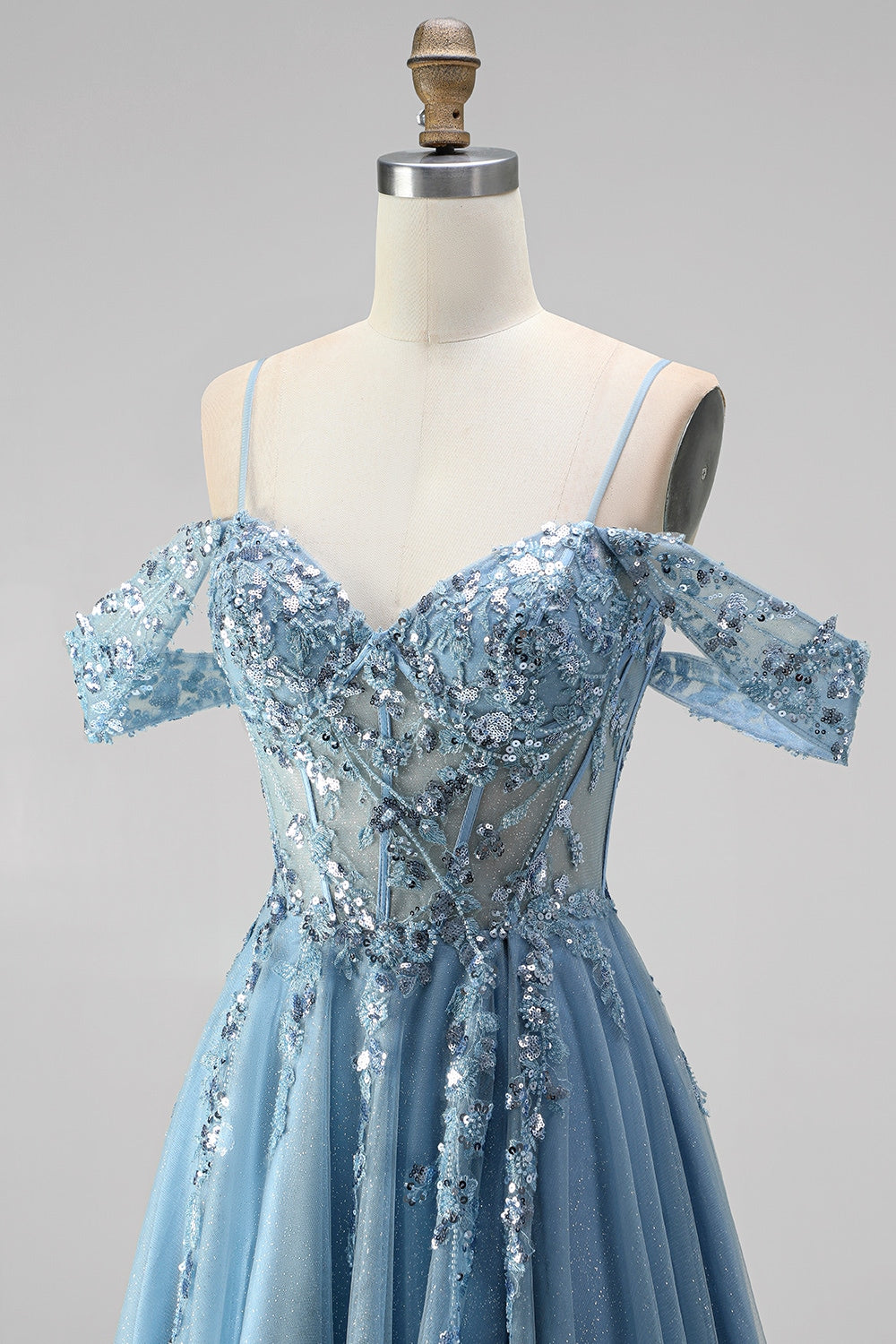 Glitter Dusty Blue Appliqued Sequin Beaded A Line Corset Long Prom Dress