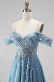 Glitter Dusty Blue Appliqued Sequin Beaded A Line Corset Long Prom Dress