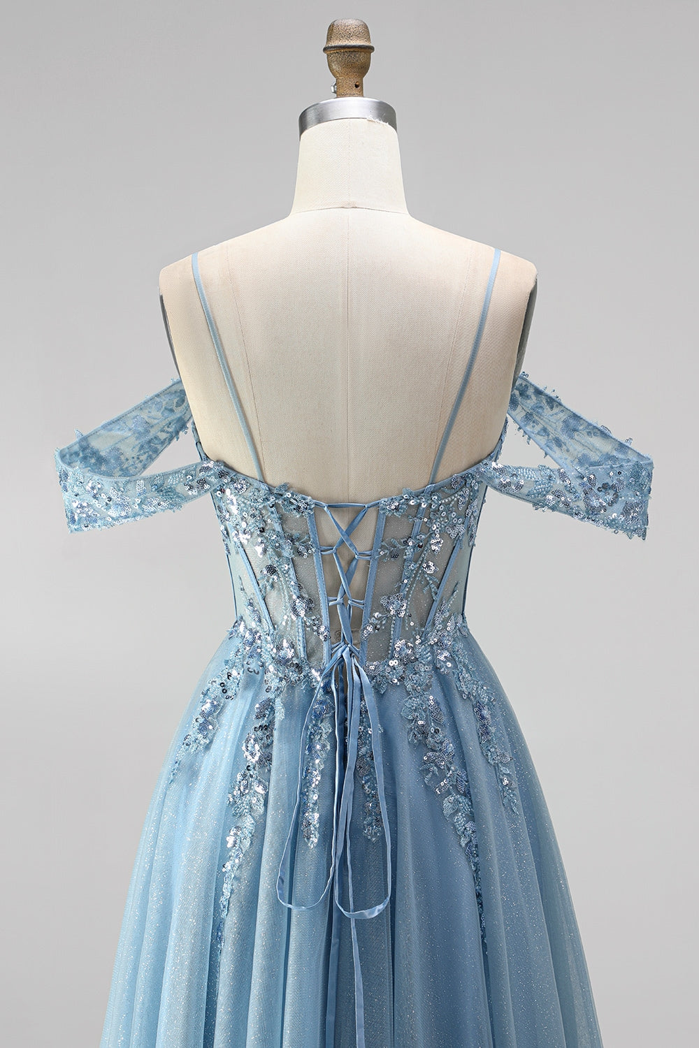 Glitter Dusty Blue Appliqued Sequin Beaded A Line Corset Long Prom Dress