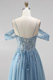 Glitter Dusty Blue Appliqued Sequin Beaded A Line Corset Long Prom Dress