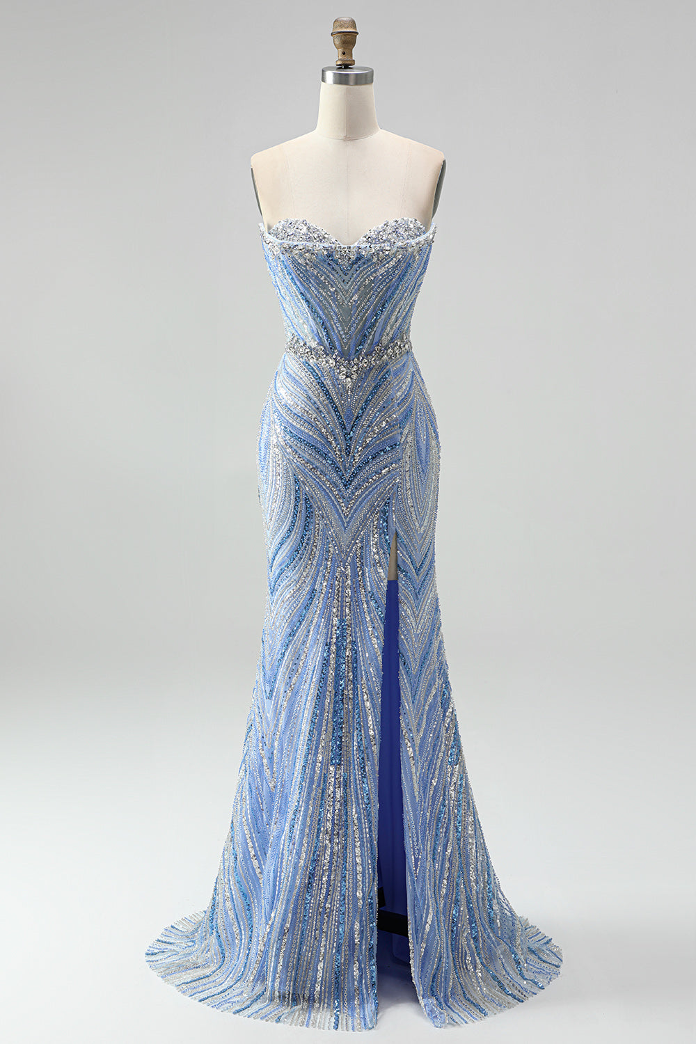 Sparkly Blue Mermaid Sequins Sweetheart Beaded Long Prom Dress with Slit