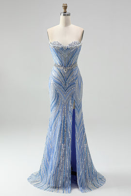 Sparkly Blue Mermaid Sequins Sweetheart Beaded Long Prom Dress with Slit