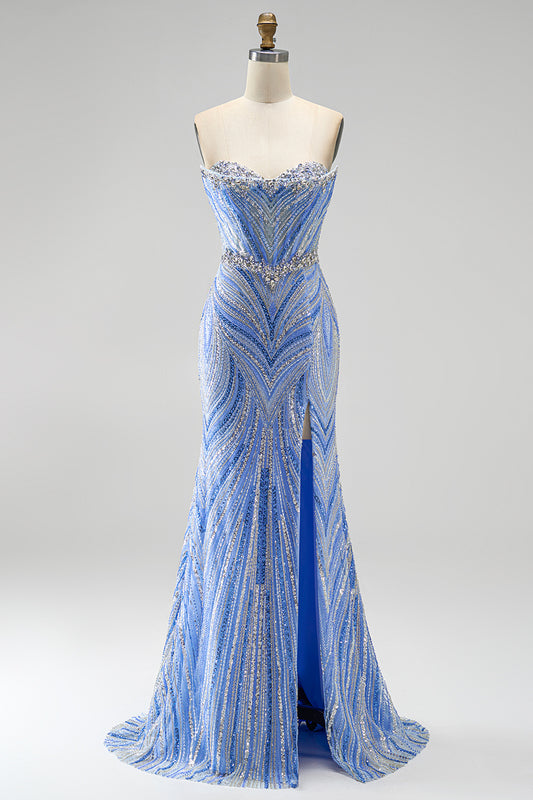 Sparkly Blue Mermaid Sequins Sweetheart Beaded Long Prom Dress with Slit