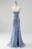Sparkly Blue Mermaid Sequins Sweetheart Beaded Long Prom Dress with Slit