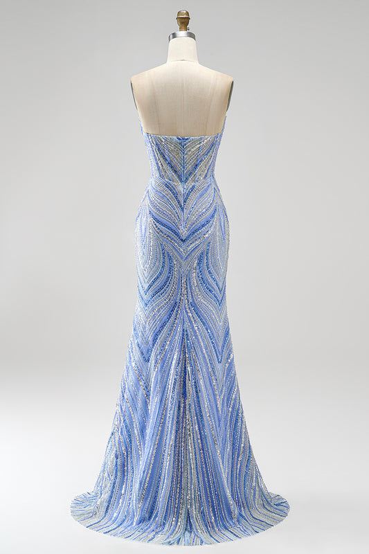 Sparkly Blue Mermaid Sequins Sweetheart Beaded Long Prom Dress with Slit