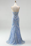 Sparkly Blue Mermaid Sequins Sweetheart Beaded Long Prom Dress with Slit