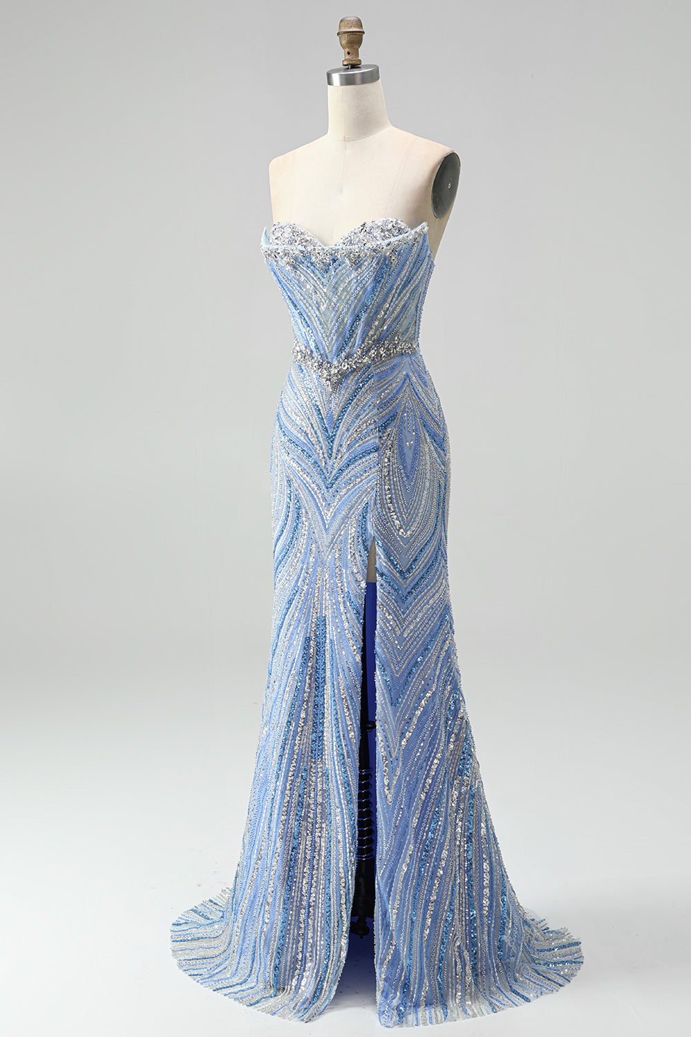 Sparkly Blue Mermaid Sequins Sweetheart Beaded Long Prom Dress with Slit