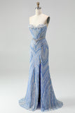 Sparkly Blue Mermaid Sequins Sweetheart Beaded Long Prom Dress with Slit