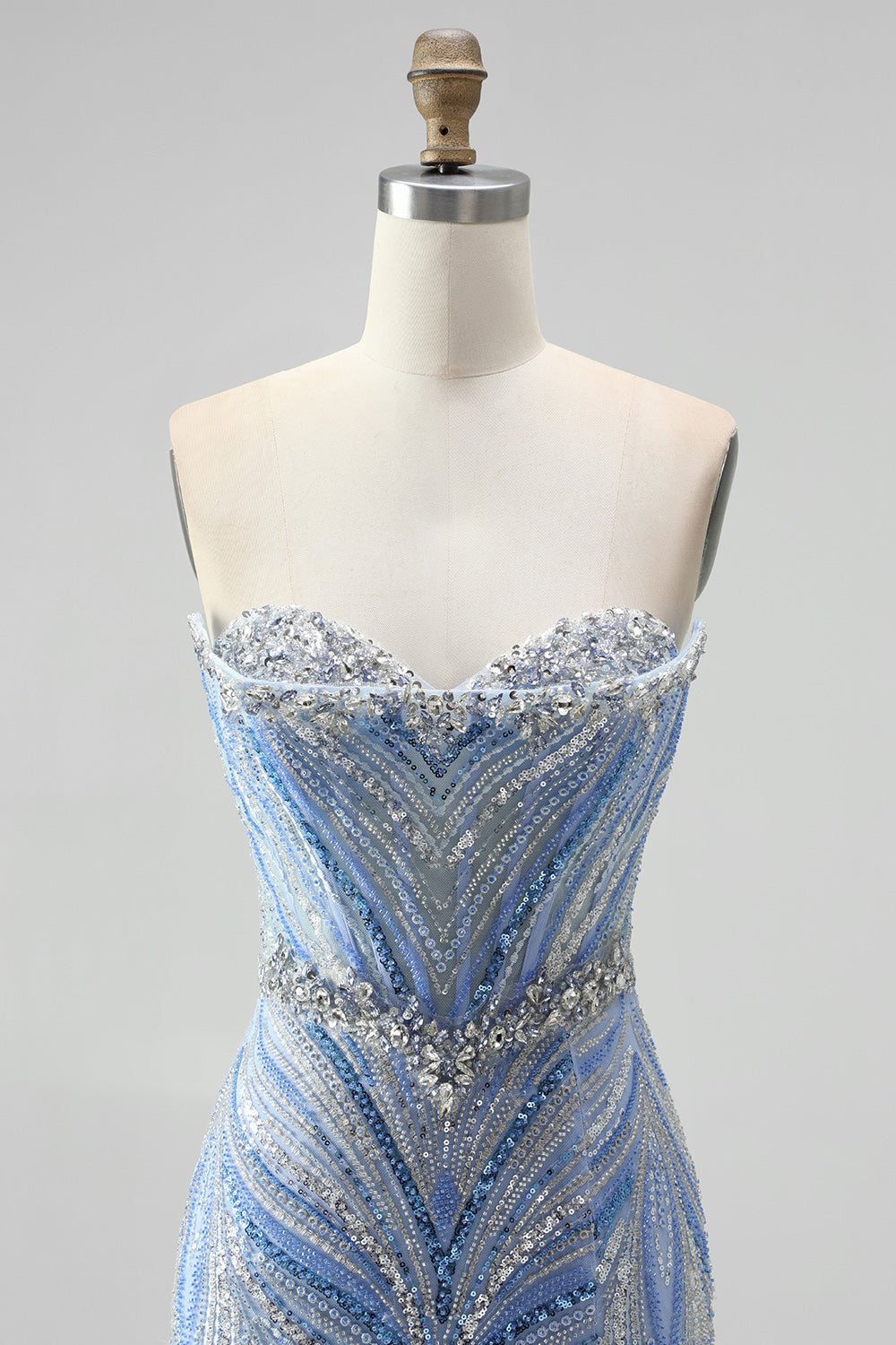 Sparkly Blue Mermaid Sequins Sweetheart Beaded Long Prom Dress with Slit