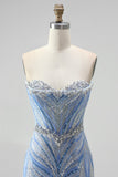 Sparkly Blue Mermaid Sequins Sweetheart Beaded Long Prom Dress with Slit