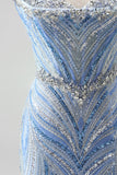 Sparkly Blue Mermaid Sequins Sweetheart Beaded Long Prom Dress with Slit