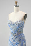 Sparkly Blue Mermaid Sequins Sweetheart Beaded Long Prom Dress with Slit