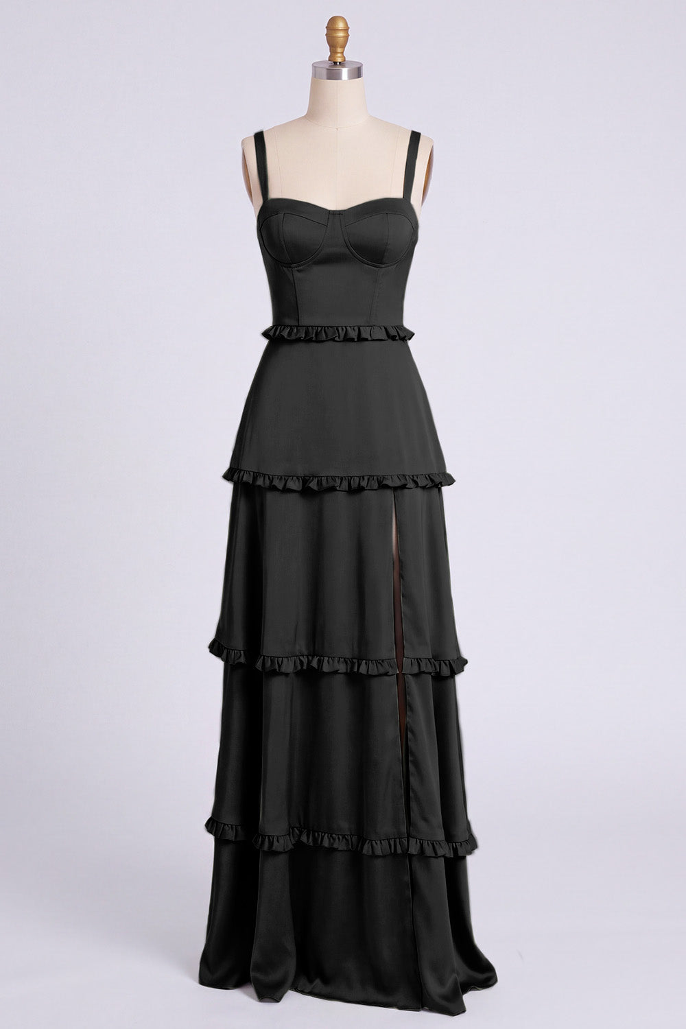Dusty Sage Thick Straps Satin A-Line Ruffled Long Bridesmaid Dress with Slit
