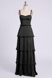 Dusty Sage Thick Straps Satin A-Line Ruffled Long Bridesmaid Dress with Slit