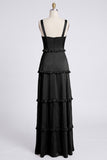 Dusty Sage Thick Straps Satin A-Line Ruffled Long Bridesmaid Dress with Slit